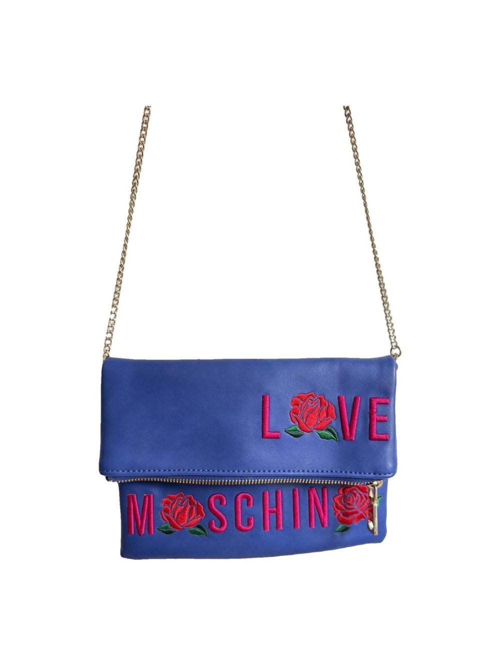 Moschino Blue Embroidered 'LOVE' Rose Chain Crossbody Bag